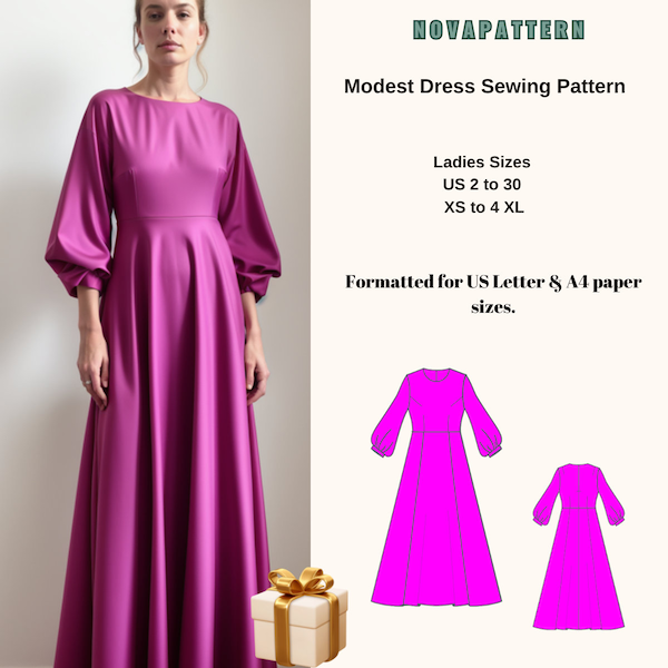 Modest Maxi Dress Bishop long sleeve pattern|Renaissance,Medieval Dress|celtic dress|Ankle dress,Evening Gown,İncluded free sewing pattern