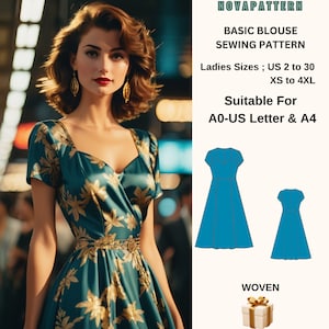 Puede incluir: Un patrón de costura para una blusa básica, adecuado para las tallas US 2 a 30, XS a 4XL. El patrón está diseñado para telas tejidas y se puede imprimir en papel A0, Carta US o A4.