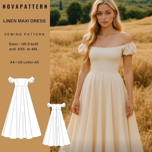 Peut inclure: Une robe longue en lin crème avec un col bateau et des manches bouffantes. L'image comprend un patron de couture avec le texte "NOVAPATTERN", "LINEN MAXI DRESS", "SEWING PATTERN", et les détails de taille.