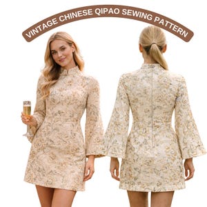 Cheongsam Dress Sewing Pattern:Vintage Chinese Qipao (PDF Pattern)High Neck Mini Dress Sewing PDF Pattern, Size Range -US 2 to 30