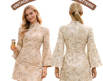 Cheongsam Dress Sewing Pattern:Vintage Chinese Qipao (PDF Pattern)High Neck Mini Dress Sewing PDF Pattern, Size Range -US 2 to 30