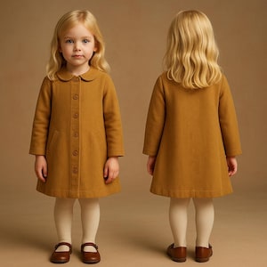 May include: A mustard yellow coat featuring a rounded collar, long sleeves, and a front button closure with six matching buttons. The coat has a straight hemline and two side pockets. The garment is shown from both the front and back views.