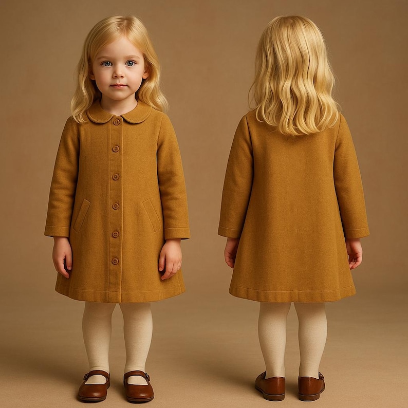 May include: A mustard yellow coat featuring a rounded collar, long sleeves, and a front button closure with six matching buttons. The coat has a straight hemline and two side pockets. The garment is shown from both the front and back views.