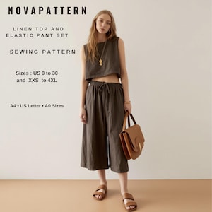 Op de afbeelding: Een naaipatroon voor een linnen top en een elastische broek. Het patroon omvat de maten 34 tot 52 en XXS tot 4XL. Het patroon is verkrijgbaar in de formaten A4, US Letter en A0.