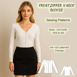 May include: A woman wearing a cream-colored, long-sleeved blouse with a V-neck and a front zipper, paired with a black skirt. The image includes text that reads "FRONT ZIPPER V NECK BLOUSE" and "Sewing Patterns". Sizes range from US 0 to 30, XXS to 4XL.