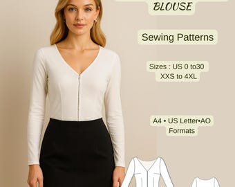 V Neck Zipper Blouse Sewing Pattern | Fitted Long Sleeve Top | Elegant Office or Casual Wear | Easy PDF Sewing Pattern for Women