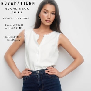 Patrón de blusa y camisa de cuello redondo, camisa formal de oficina, tallas A0-A4-carta; EE. UU. 2 a 30 (nuestra colección incluye opciones de tallas grandes)