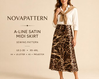 Patrón de costura para falda midi de satén con corte en A, cintura alta, para mujer, PDF, tallas estadounidenses 2–30