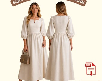 Renaissance Dress Sewing Pattern | Square Neck Puff Sleeve Gown | Medieval Peasant Cottagecore Outfit | Historical PDF Pattern