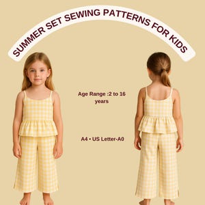 Wykrój na bluzkę i spodnie z baskinką dla dziewcząt, letni strój dwuczęściowy dla dzieci w wieku 2–16 lat, format PDF, A4, litera US, A0