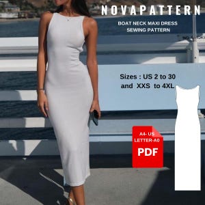 Puede incluir: Un patrón de costura para un vestido maxi blanco con cuello de barco. El patrón incluye las tallas US 2 a 30 y XXS a 4XL. El patrón está disponible en tallas A4, US Letter y A0. El patrón está en formato PDF.