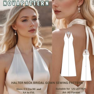 Patrón de costura para vestido de novia largo de satén con cuello halter y espalda abierta. Tallas: EE. UU. 2 a 30 y XS a 4XL. Apto para tallas A0, A4 y Carta EE. UU.