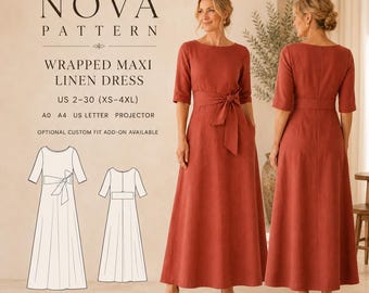 Wrapped Maxi Linen Dress Sewing Pattern, Boat Neck, Elbow Sleeve, A-Line Skirt (XS-4XL)