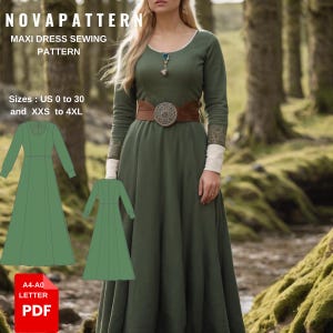 Patrón de costura para vestido largo estilo vikingo, hada, regencia, vestido élfico, vestido largo, disfraz de Halloween, tamaño A0 A4 Carta de EE. UU. - EE. UU. 2 a 30