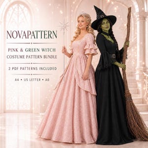 Puede incluir: NOVAPATTERN Pink & Green Witch Costume Pattern Bundle, 2 patrones PDF incluidos para A4, US Letter y A0. La imagen muestra dos vestidos: un vestido rosa largo hasta el suelo con mangas escalonadas y varita, y un vestido negro con sombrero y escoba.