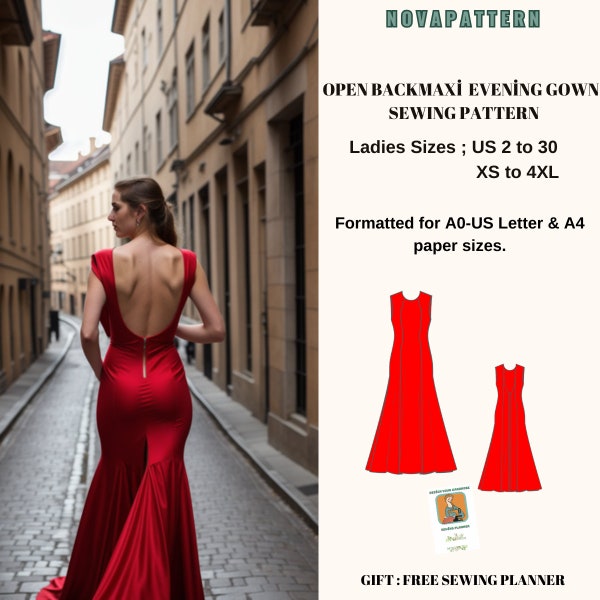 Backless dress Evening Gown,Maxi Dress Sewing Pattern,range of size options US 2 to 30 and XS to 4XL,Suitable A0- A4-US Letter paper format