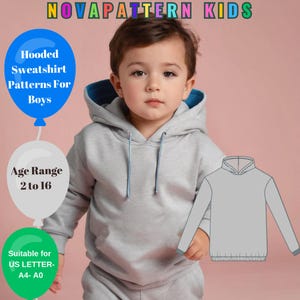 Patrón de costura en PDF de sudadera con capucha para niños, adecuado para tamaños A4, A0 y carta de EE. UU., DXF, rango de edad de 2 a 16 años