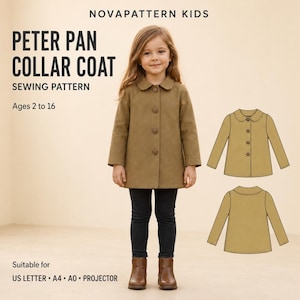 Può includere: Un cartamodello per un cappotto con colletto Peter Pan, etichettato NOVAPATTERN KIDS, per età dai 2 ai 16 anni. L'immagine mostra un cappotto color marrone chiaro con colletto arrotondato e quattro bottoni, insieme a disegni tecnici del fronte e retro.