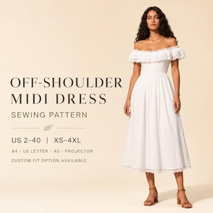 Off Shoulder Midi Dress Sewing Pattern, Ruffle Cottagecore Dress Pattern, Romantic Summer Dress PDF, Women US 2-30, A4 A0 US Letter