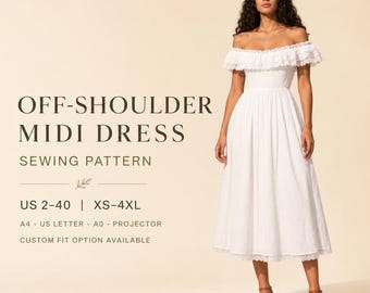 Off Shoulder Midi Dress Sewing Pattern, Ruffle Cottagecore Dress Pattern, Romantic Summer Dress PDF, Women US 2-30, A4 A0 US Letter