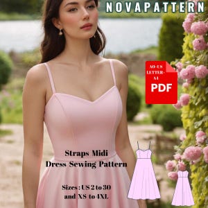 Patrón de vestido cottagecore de lino con diseño de hadas, vestido midi de verano de lino, apto para tallas A0-A4-US Carta // Tallas: US 2 a US 30