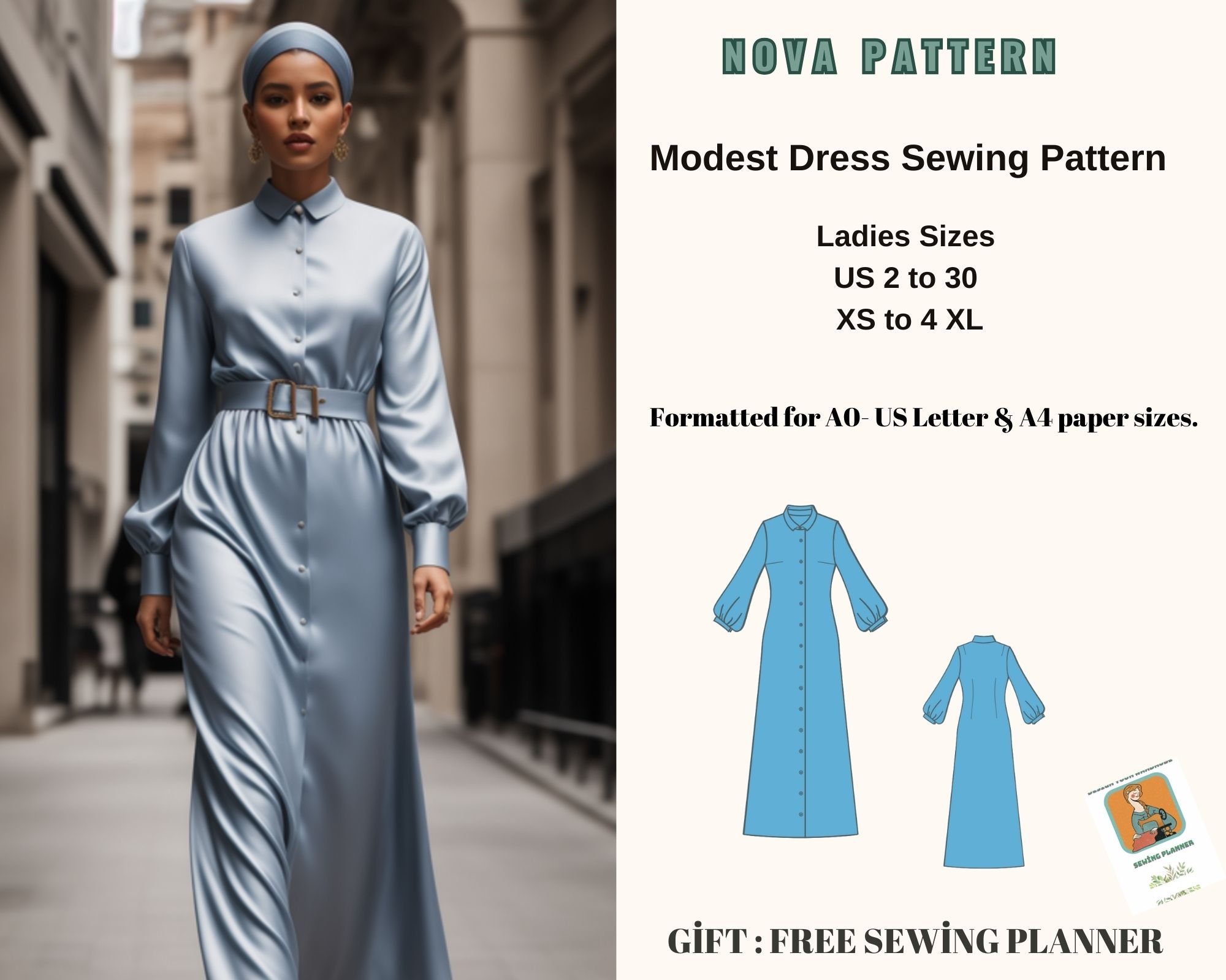 Modest Maxi Dress Bishop long sleeve pattern|Renaissance,Medieval Dress|celtic dress|Ankle dress,Evening Gown,İncluded free sewing pattern