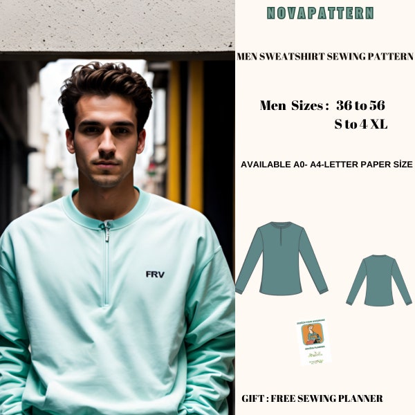 Men Sweatshirt pdf Schnittmuster,Zipper front,Men Size; 36 bis 56 // S bis 4 XL // A0-A4-Letter Papierformat