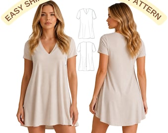 Patrón de costura fácil para minivestido recto, patrón de vestido de corte A para principiantes con tutorial, vestido de verano sencillo en PDF, tallas 2-30 (EE. UU.) A4 A0 (EE. UU.)