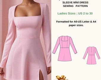 Square Neck Bodice Mini Dress Long Sleeve Aline Mini Sewing Pattern,Ladies Size;( US2 to 30 )-EU(XS to 4XL)-Suitable for US Letter-A4-A0-Dxf