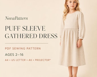 Kids Puff Sleeve Gathered Dress Sewing Pattern | Long Sleeve Dress for Girls | Classic Linen Dress | Easy PDF Sewing Pattern