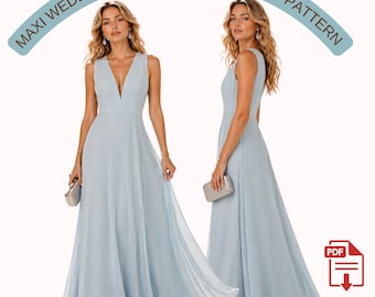 Maxi Wedding Guest Dress Sewing Pattern PDF | Deep V Neck Formal Dress Pattern | A-Line Evening Gown | Bridesmaid Dress | XS–4XL A4 A0