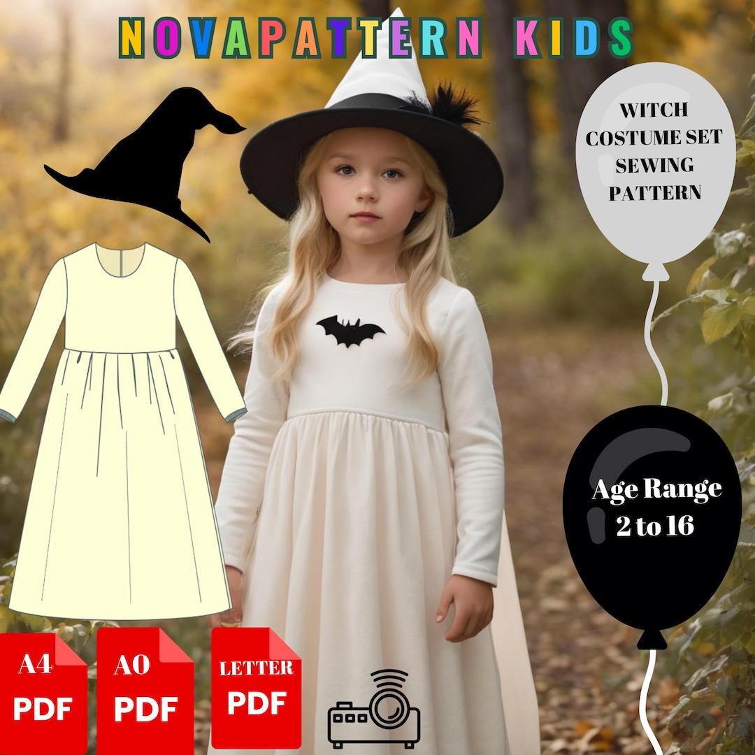 Kids Witch Costume Sewing Pattern | Halloween Dress and Hat Set | Easy ...