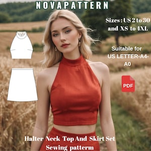 Conjunto de blusa con cuello halter y minifalda Aline de verano. Patrón adecuado para tallas A0-A4-US, tallas de mujer: US 2 a 30, XS a 4XL.