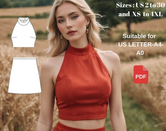 Halter Top & A-Line Skirt Sewing Pattern: US 2-30, XS-4XL (PDF Pattern)