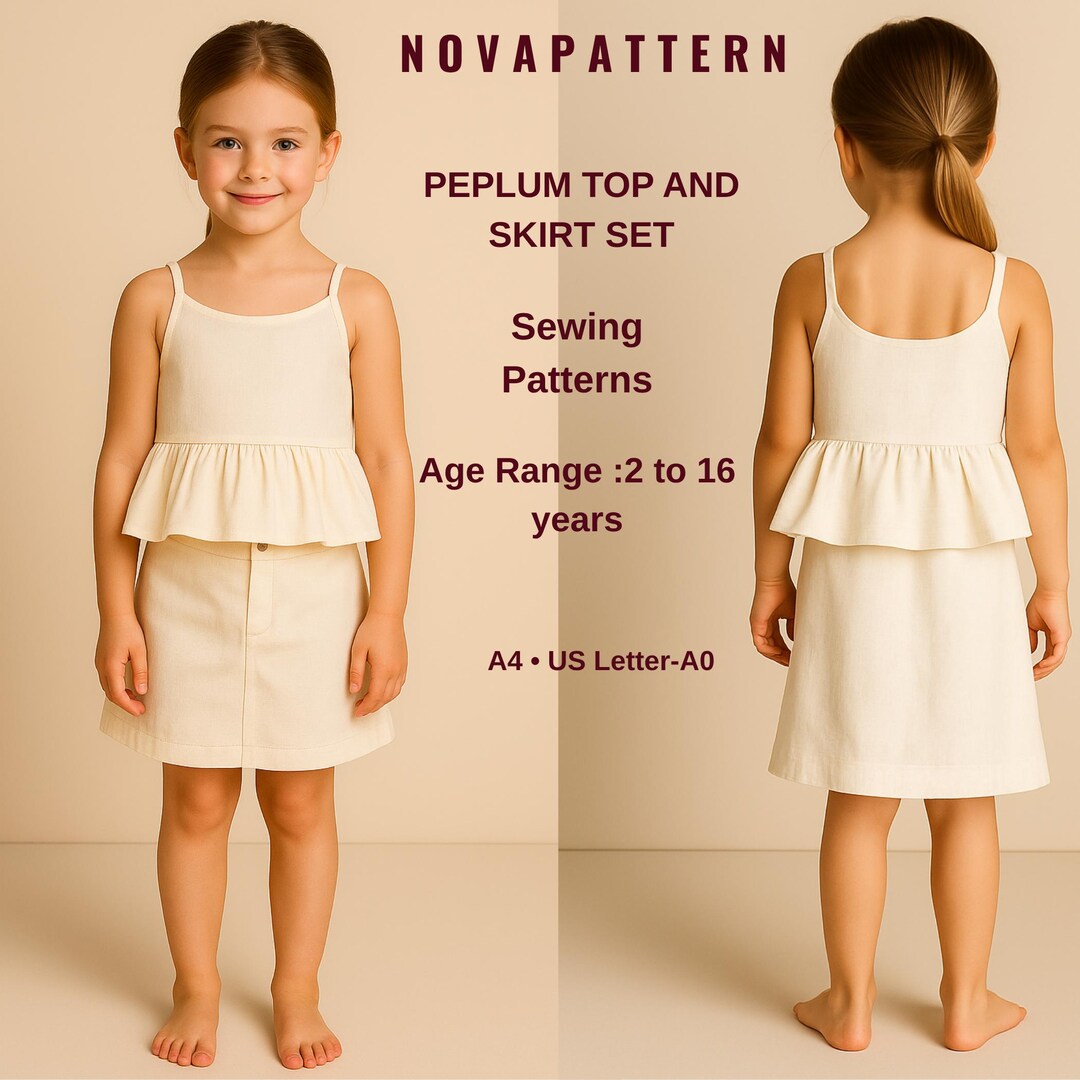 Kids Peplum Top and Skirt Set Sewing Pattern Piece Outfit for