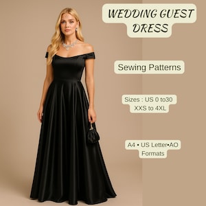 Off-shoulder maxi-jurk naaipatroon, elegante avond- of trouwjurk pdf-patroon A4 A0 US Letter (US Letter) 2–30