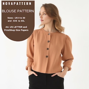 Patrón de blusa con cuello redondo y mangas abullonadas, camisa formal de oficina, tamaño A4, carta de EE. UU., papeles de imprenta, tallas de mujer: 2 a 30 de EE. UU., XS a 4XL