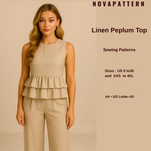 Padrão de blusa peplum de linho | Blusa peplum dupla de verão // Blusa grande // Adequado para A0- A4 - Carta EUA // Tamanhos femininos EUA 2 a 30