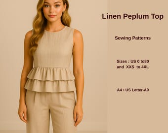 Linen Peplum Top Sewing Pattern | Sleeveless Blouse PDF | Double Layer Ruffle Hem | Elegant Summer Top for Women | A4 A0 File