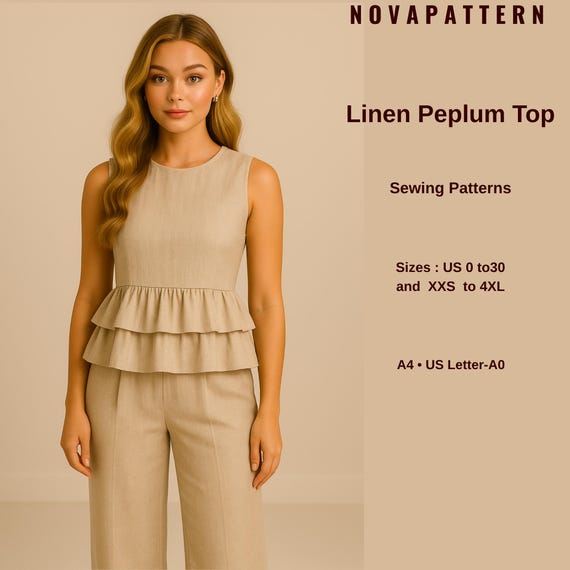 Linen Peplum Top Sewing Pattern | Sleeveless Blouse PDF | Double Layer Ruffle Hem | Elegant Summer Top for Women | A4 A0 File