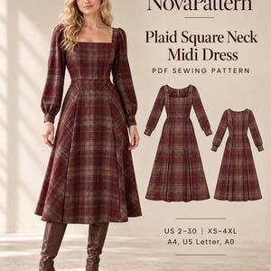 Puede incluir: Un vestido midi con escote cuadrado y mangas largas en un patrón de cuadros rojo y marrón. El texto dice NovaPattern Plaid Square Neck Midi Dress PDF SEWING PATTERN US 2-30 | XS-4XL A4, US Letter, A0. Incluye bocetos técnicos.