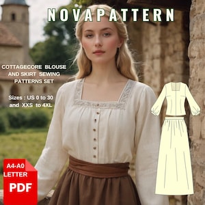 Pode incluir: Um padrão de costura digital para um conjunto de blusa e saia estilo cottagecore. O padrão inclui tamanhos do 34 ao 52 e do XXS ao 4XL. O padrão está disponível em formato PDF A4-A0.