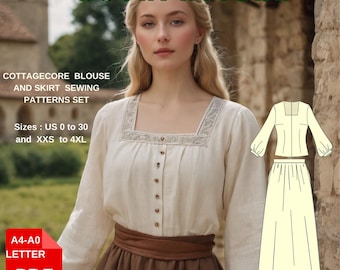 Cottagecore Blouse and Skirt Sewing Pattern, Vintage Two Piece Outfit Pattern Puff Sleeve Top and Maxi Skirt PDF US 2–30