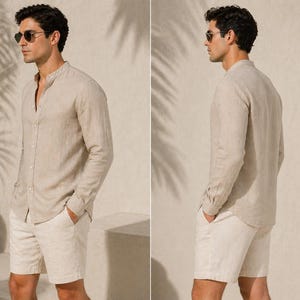Puede incluir: Una camisa de lino beige claro con cuello mao y mangas largas, combinada con pantalones cortos de lino blanco roto. El conjunto se completa con gafas de sol. Ideal para climas c&aacute;lidos y ocasiones informales.
