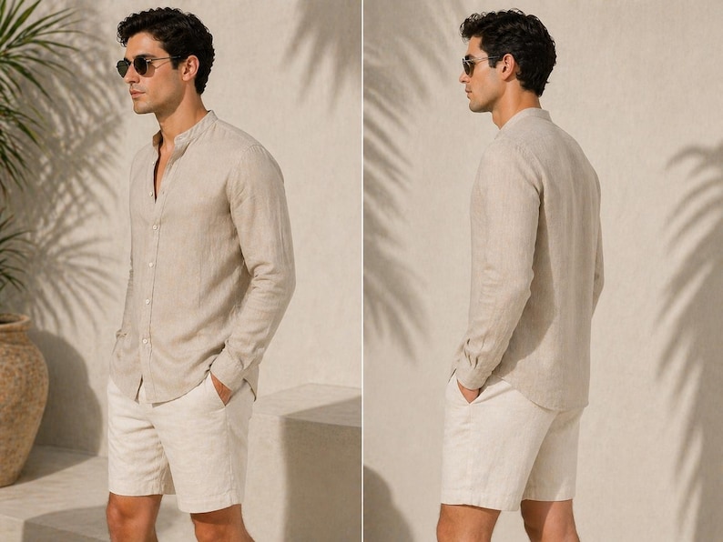Puede incluir: Una camisa de lino beige claro con cuello mao y mangas largas, combinada con pantalones cortos de lino blanco roto. El conjunto se completa con gafas de sol. Ideal para climas c&aacute;lidos y ocasiones informales.