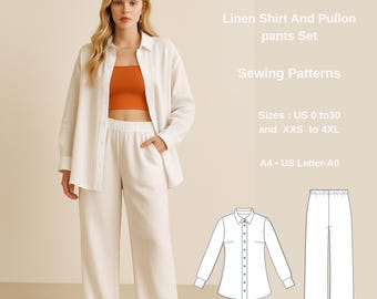 Linen Shirt and Pants Sewing Pattern: Loose Fit Summer Set (PDF Pattern, US 2-30)