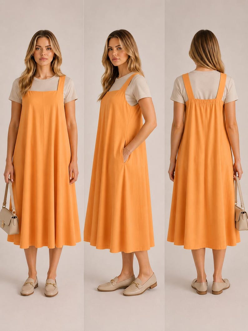 May include: An orange midi dress with wide shoulder straps and a square neckline, worn over a light-coloured t-shirt. The model wears beige loafers and carries a beige handbag. The dress has a relaxed fit and a flared skirt. The dress is approximately 100 cm in length.