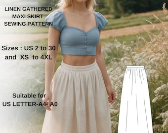 Linen Gathered Maxi Skirt Sewing Pattern: US 2-30 (A0-A4-US Letter) (PDF Pattern)