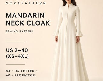 Mandarin Neck Cloak Sewing Pattern, Medieval Style Long Coat PDF Pattern, Elegant Flared Maxi Robe Dress, A4 A0 US Letter, XS–4XL