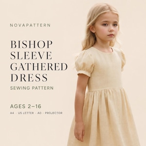 Op de afbeelding: Een beige jurk met pofmouwen en een geplooide rok. De tekst luidt: NOVAPATTERN BISHOP SLEEVE GATHERED DRESS SEWING PATTERN AGES 2-16 A4 US LETTER A0 PROJECTOR. De jurk heeft een ronde halslijn en korte, volumineuze mouwen.